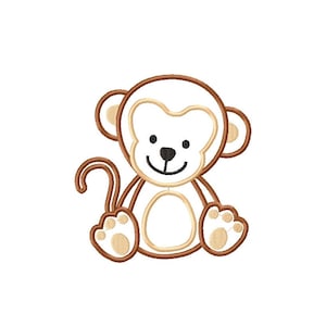 Op de afbeelding: Een bruine en beige cartoon-aap die met gekruiste benen zit en een grote glimlach heeft. De aap heeft een bruine omtrek en een beige lichaam.