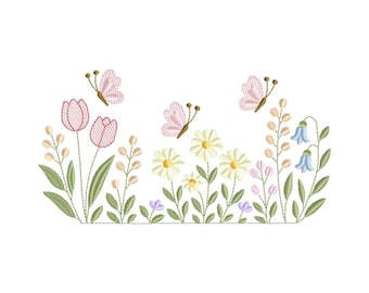 Wildflowers With Butterflies Embroidery Design, 5 Sizes , File Formats in pes, dst, jef, xxx, exp, vip, vp3 - Instant Download