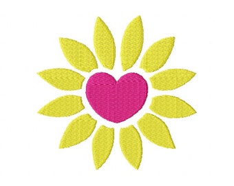 Sunflower With Heart Embroidery Design 12 Sizes , File Formats in pes, dst, jef, xxx, exp, vip, vp3 - Instant Download Files