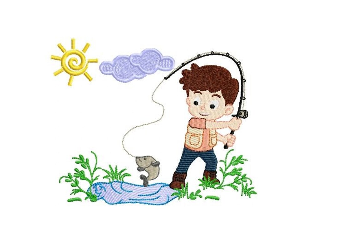 Boy Fishing at Sunrise on the Lake Embroidery Designs File Formats in ...