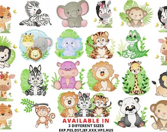 20 motifs de broderie animaux de safari 3 tailles, broderie bébé, broderie bébé fille, broderie enfant garçon, broderie bébé - téléchargement immédiat