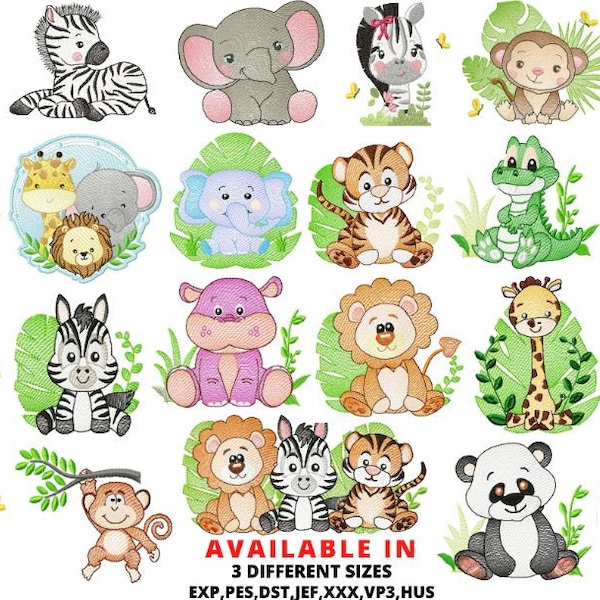 20 zwierząt safari wzory haftów 3 rozmiary, haft dla dzieci, haft Baby Girl, haft Kid Boy, haft dla niemowląt-Instant Download