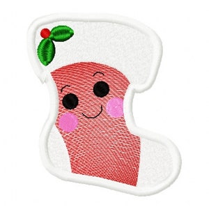 May include: A red and white Christmas stocking with a smiling face, black eyes, and pink cheeks. The stocking has a green holly sprig on top.