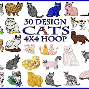 30 Cats Bundle V2 Machine Embroidery Design 4 x 4 Hoop Sizes, File Formats in pes, dst, jef, xxx, exp, vip, vp3