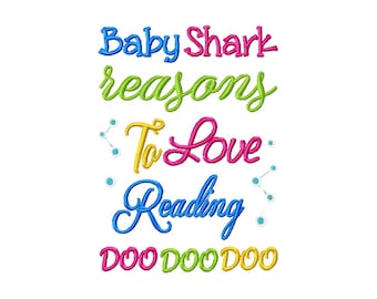 Baby Shark Reasons Machine Embroidery Design, Reading Pillow Embroidery, 3 Sizes, Instant Download