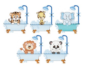 Safari Animals In A Vintage Bathtub, Embroidery Designs 3 Sizes,Animals in Tub, Kids Bathroom, Baby Embroidery - Instant Download
