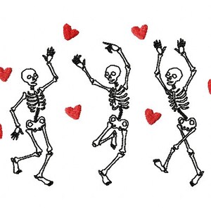 May include: Three skeletons dancing with red hearts scattered around them. The skeletons are black and white and have a simple design.