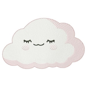 May include: Embroidered cloud patch with a smiling face, closed eyes, and rosy cheeks. The cloud is white with a pink outline and details. Suitable for baby items and children's clothing.