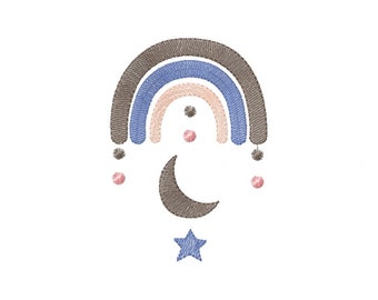Boho Rainbow Moon With Star Machine Embroidery Design 4 Sizes, File Formats in pes, dst, jef, xxx, exp, vip, vp3
