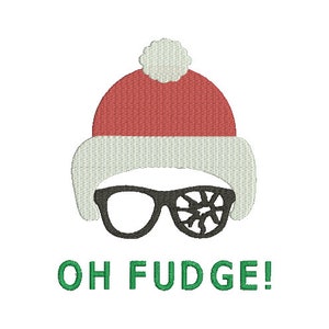 May include: A red and white Santa hat with a black eye patch and the text "OH FUDGE!" in green.