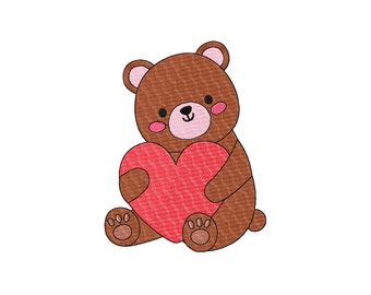 Love Bear Valentine Embroidery Design, Digitized Design Filled In Pattern , 3 Sizes, Instant Download