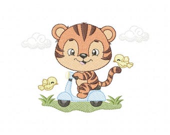 Tiger on Scooter Embroidery Design 8 Sizes , File Formats in pes, dst, jef, xxx, exp, vip, vp3 - Instant Download Files