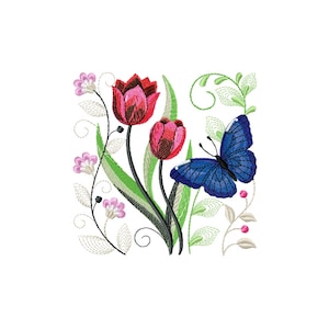 Flower And Butterfly Tulip embroidery designs file formats in pes, dst, jef, xxx, exp, vip, vp3