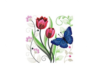 Flower And Butterfly Tulip embroidery designs file formats in pes, dst, jef, xxx, exp, vip, vp3