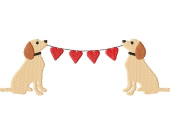 Puppy Love Lab Puppies in Collars Heart Flag Bunting Valentine Embroidery Design 5 Sizes - Instant Download