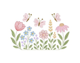 Hanging Flowers And Fluttering Butterflies Embroidery Design, 5 Sizes , File Formats in pes, dst, jef, xxx, exp, vip, vp3 - Instant Download