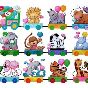 Animal Train Machine Embroidery Design 4 x 4 Hoop Sizes, File Formats in pes, dst, jef, xxx, exp, vip, vp3