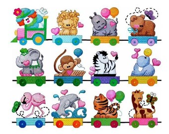 Animal Train Machine Embroidery Design 4 x 4 Hoop Sizes, File Formats in pes, dst, jef, xxx, exp, vip, vp3
