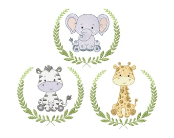 Safari Embroidery Designs 6 Sizes, Elephant Embroidery,Giraffe Embroidery,Zebra Embroidery,Baby Embroidery,Kid Embroidery - Instant Download