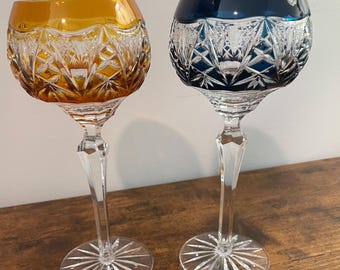 2 AJKA 8" WINE STEMS, Cobalt Blue and Yellow Rare