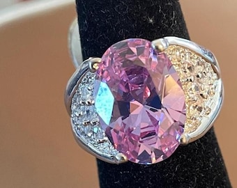Large Pink KUNZITE or Pink SAPPHIRE Cocktail RING,  Size 5, Silver Tone Band