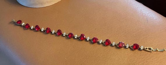 7” Red RUBY HEART Shaped BRACELET With Rhinestones - image 1