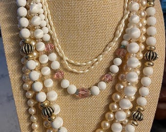 6 White NECKLACES, MILK Glass,  Pink Beads,   Faux PEARLS