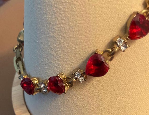 7” Red RUBY HEART Shaped BRACELET With Rhinestones - image 3