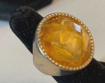 Vintage Yellow Stone Ring, Wide Band, Size 5