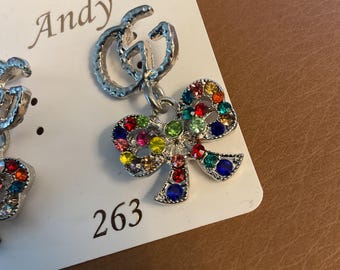 ANDY 263 GG Rhinestone Bow Shaped Dangling EARRINGS For Pierced Ears