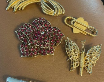 6 Vintage MONET BROOCHES, BUTTERFLY, Red Rhinestones, Gold Tone
