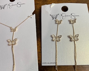 16" JESSICA SIMPSON BUTTERFLY Pendant and 4"  Earrings, Both new on card