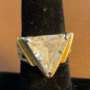 Large Triangular Cut Cubic ZIRCONIA RING Set in GOLD Electroplating.