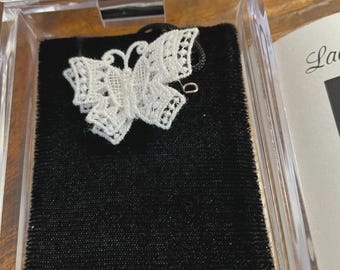 New Belgium  LACE White  BUTTERFLY Pin/ BROOCH In Original Box With Brochure