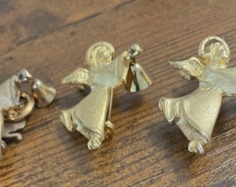 3 ROBIN RUSH 1 1/2"  BROOCHES, Gold Tone Angels Holding a Bell