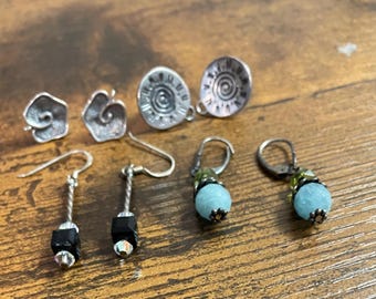 4 Pair STERLING Silver  EARRINGS, HANDCRAFTED, Sunburst Design, Flower, Black Onyx, Aqua Chalcedony