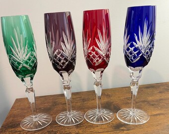 4 AJKA "CAROLYNE" 9" CHAMPAGNE Stems, Red, Green, Amethyst, Cobalt Blue