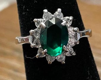 Simulated Green EMERALD RING With Halo of Cubic ZIRCONIA, Size 5