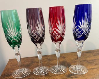 Four AJKA "CAROLYNE" 9" CHAMPAGNE Flutes Stems, Amethyst, Red, Cobalt Blue And Green,