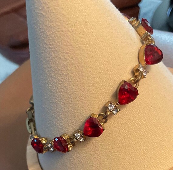 7” Red RUBY HEART Shaped BRACELET With Rhinestones - image 4