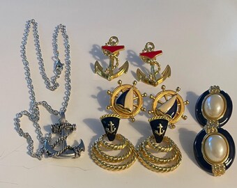 4 Pair NAUTICAL EARRINGS & One Silver Tone Anchor Pendant,  AVON, Pierced Ears