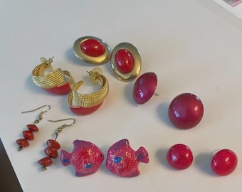 6 pares de pendientes rojos, orejas perforadas, tono dorado, pez, pendientes colgantes