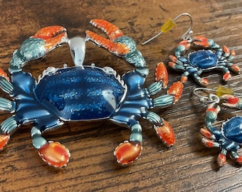CRAB PENDANT and EARRINGS For Pierced Ears. Blue and Orange Enamel