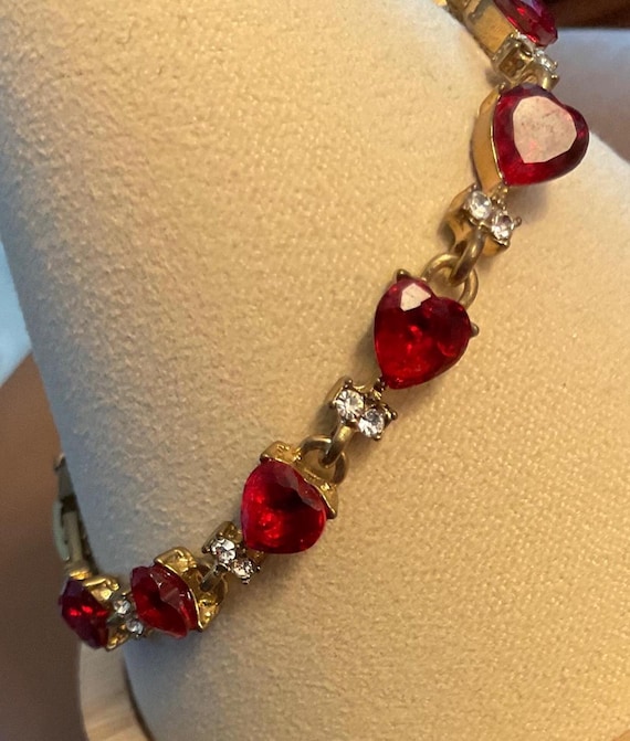 7” Red RUBY HEART Shaped BRACELET With Rhinestones - image 2