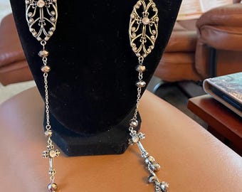 34" SILVER Tone NECKLACE, Intricate Filigree And CRYSTAL Accents
