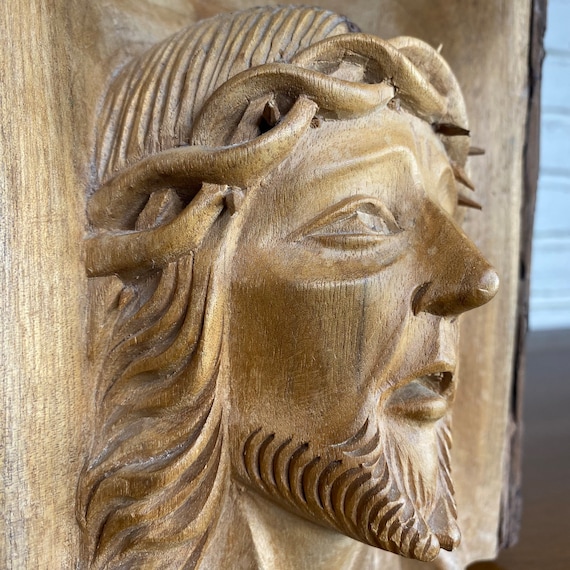 VINTAGE Jesus Carving With Crown of Thorns Hand Carved Bust Carved
