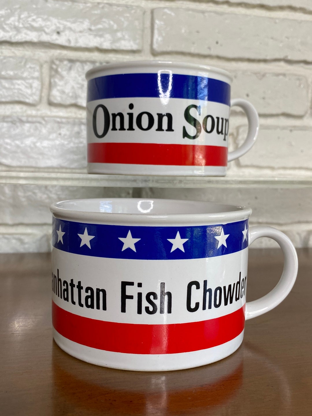 Vintage Soup Cups Manhattan Fish Chowder and Onion Soup Ceramic Mugs