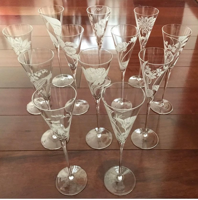 12 LES FLEURS Crystal Champagne Glasses the Franklin Mint Full Set