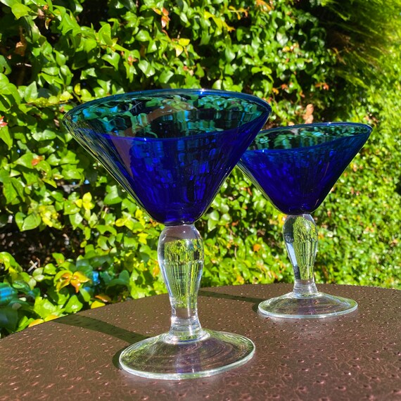 Vintage Blue Hand Blown Martini Glasses Set of 2 Handmade Etsy