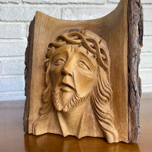 VINTAGE Jesus Carving with Crown of Thorns Hand Carved Bust Carved Into Natural Wood with Bark
